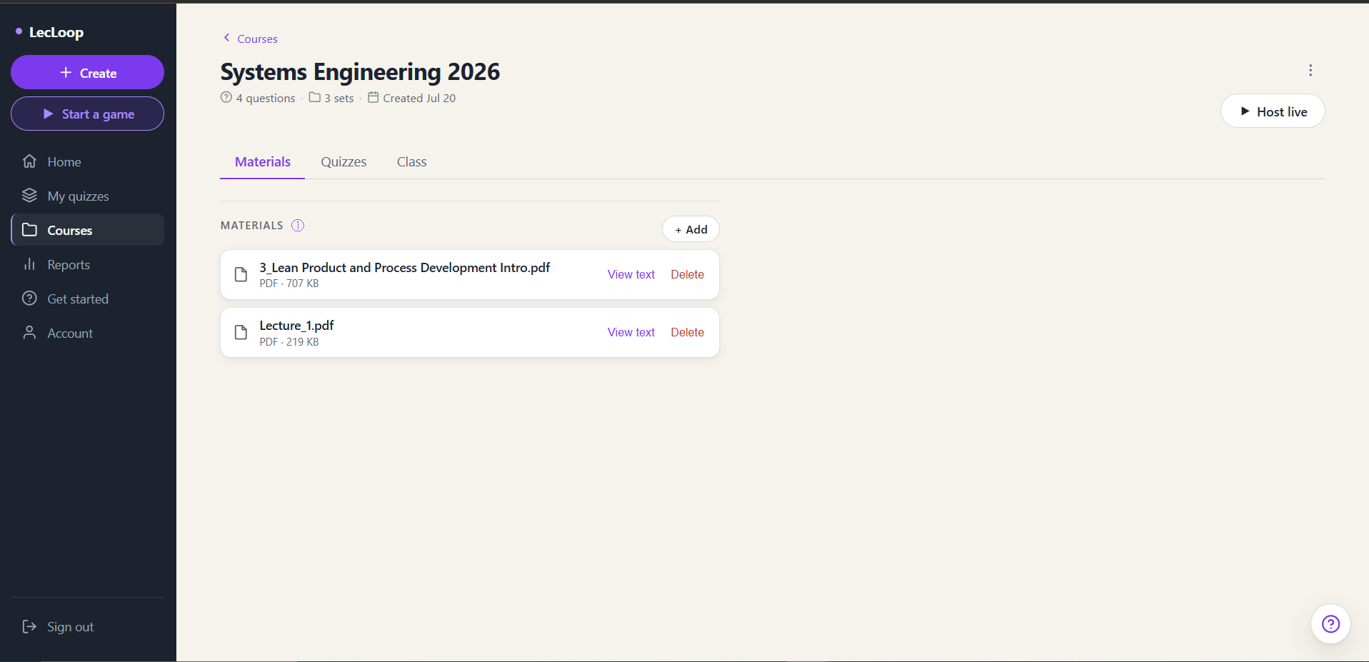 A course with its Materials, Quizzes, and Class tabs.
