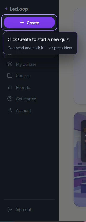 The Create button in the left menu.