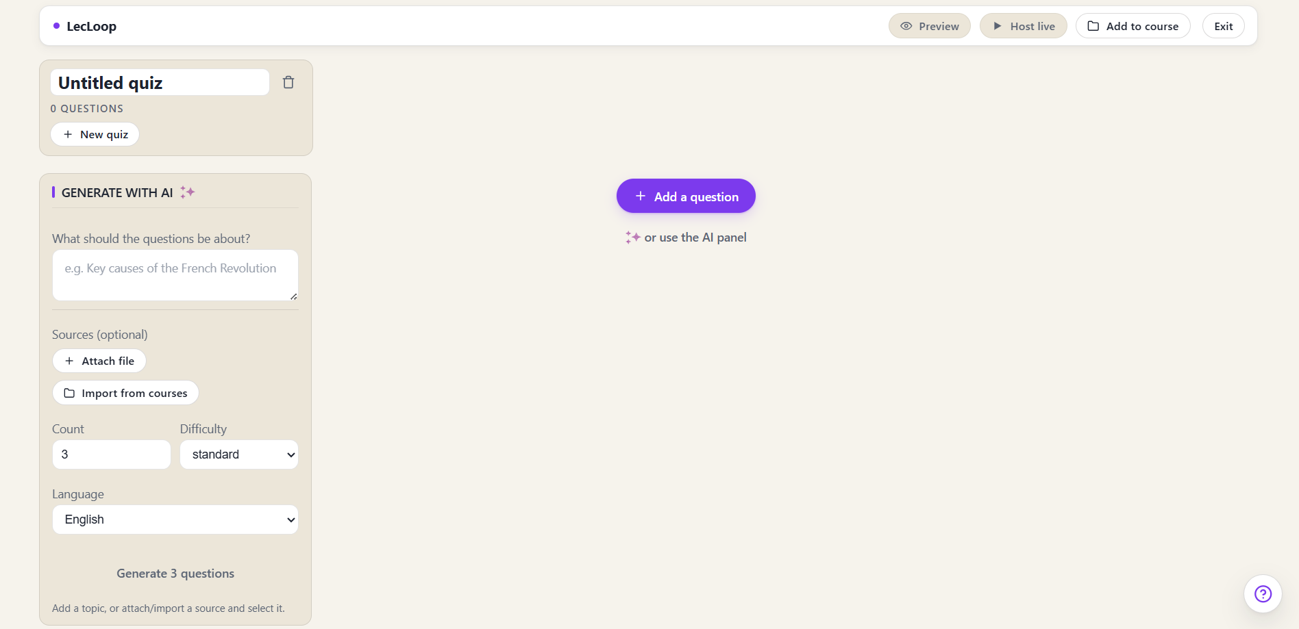 A brand-new, empty quiz in the editor.
