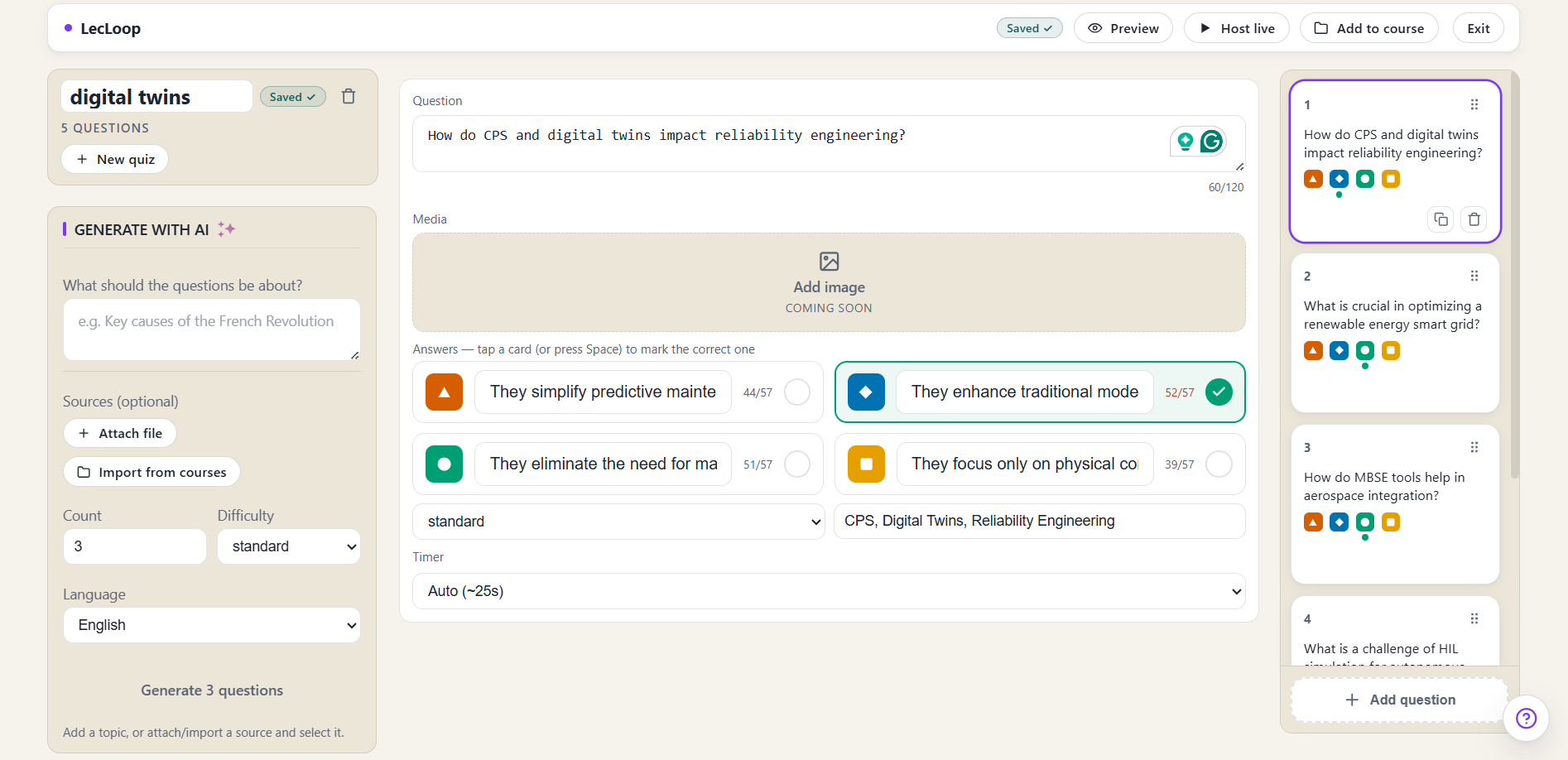 The editor: Generate on the left, the current question in the middle, your question list on the right.