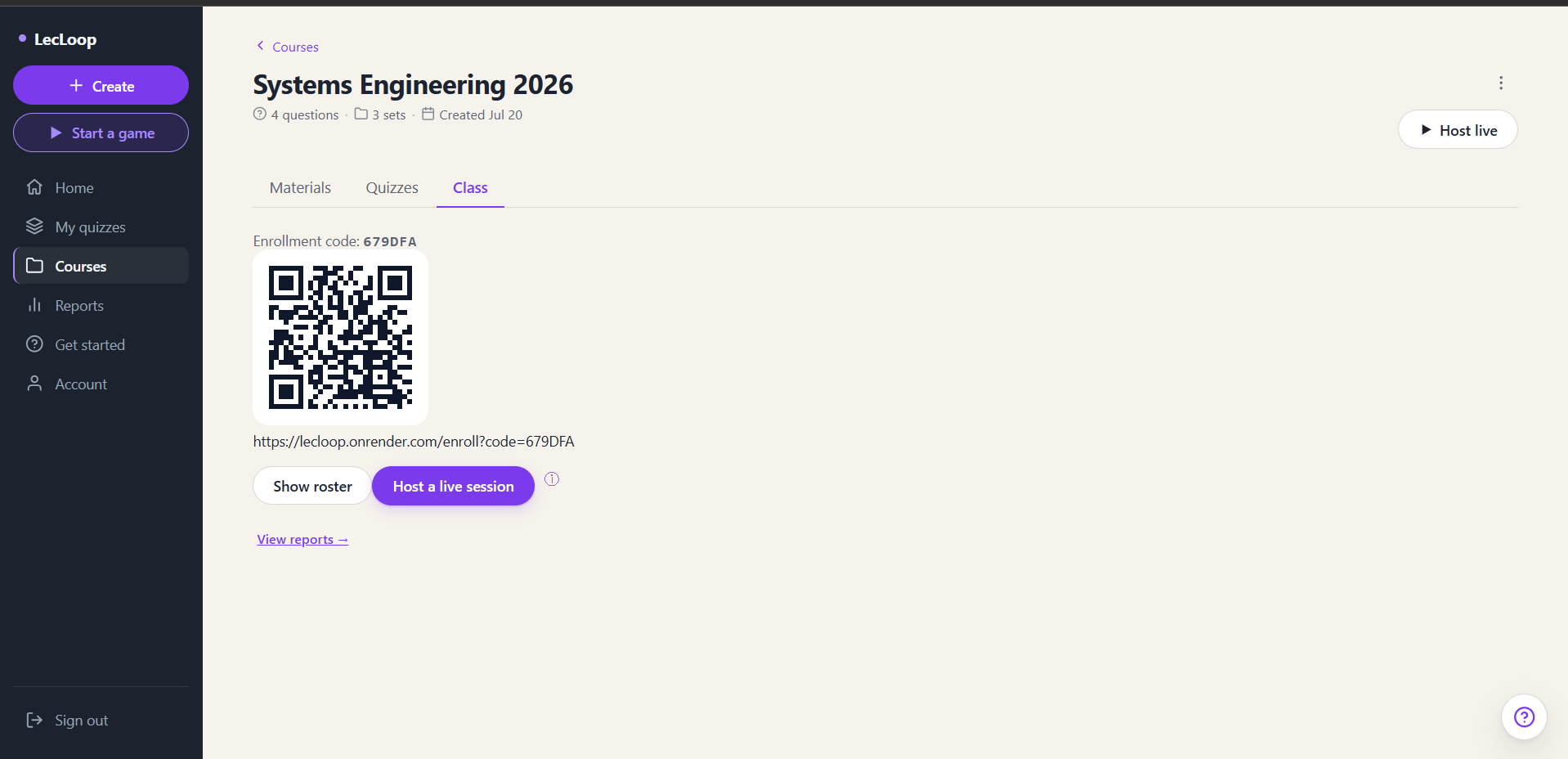 The Class tab: share this enrolment code (or QR) so students can join.