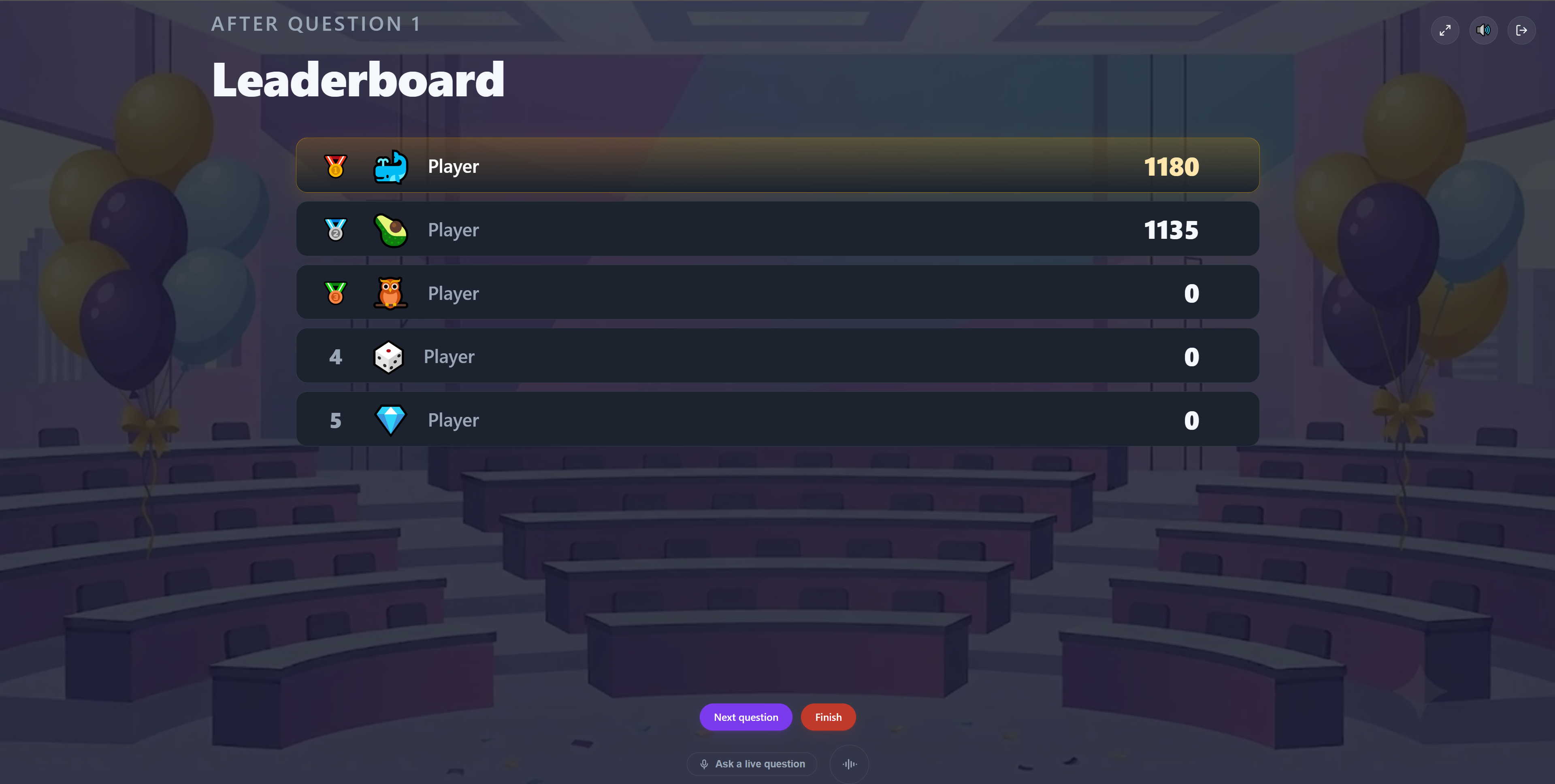 The leaderboard between questions.