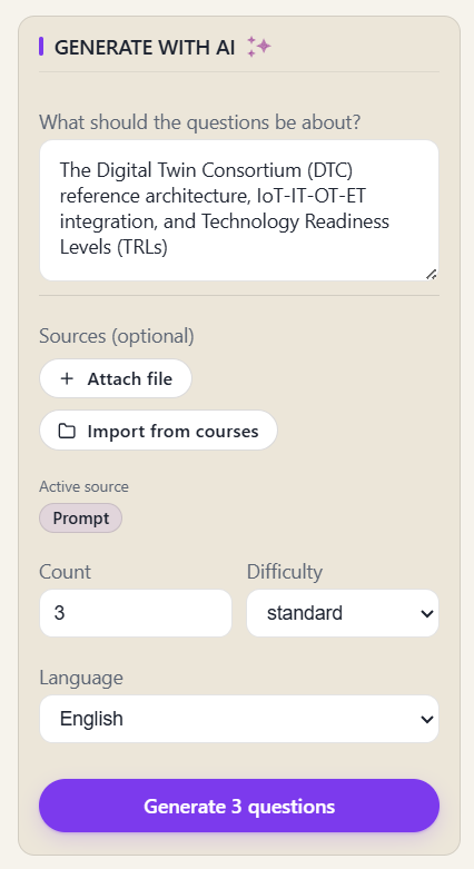 The Generate panel: describe a topic and press Generate.