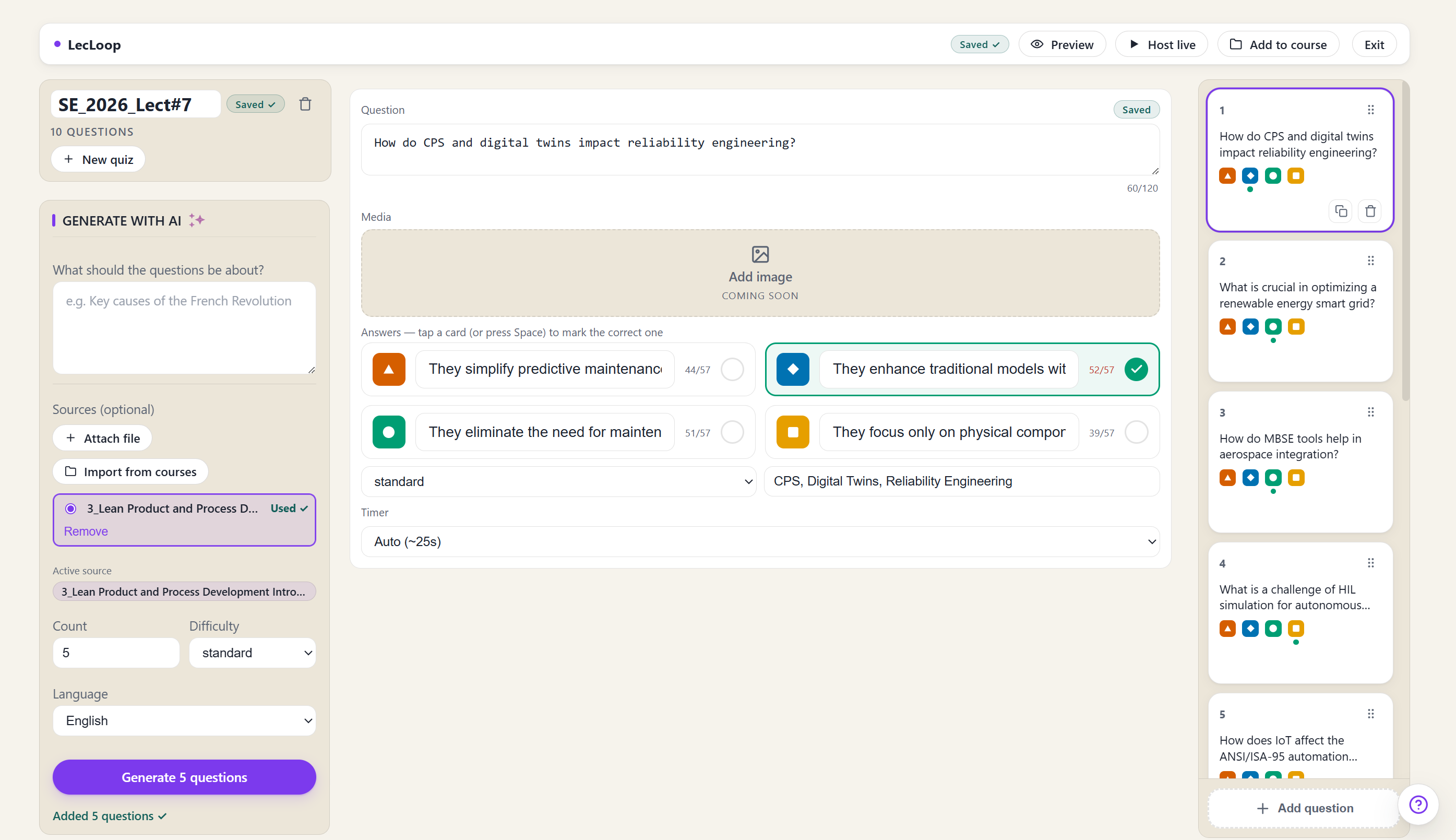 Generated questions land in your question list, ready to review and edit.