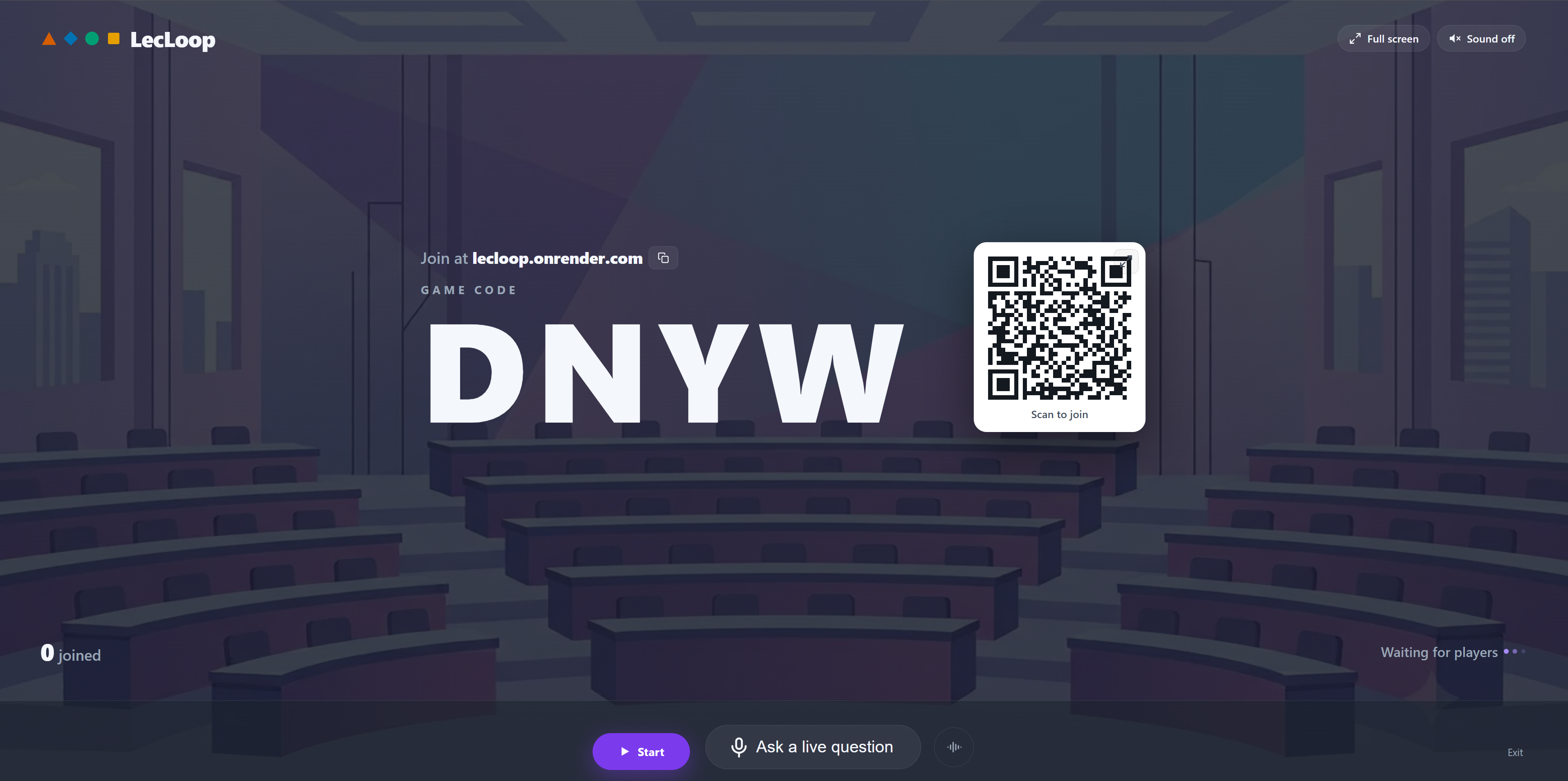 The lobby: your game code, a QR to scan, and players joining.