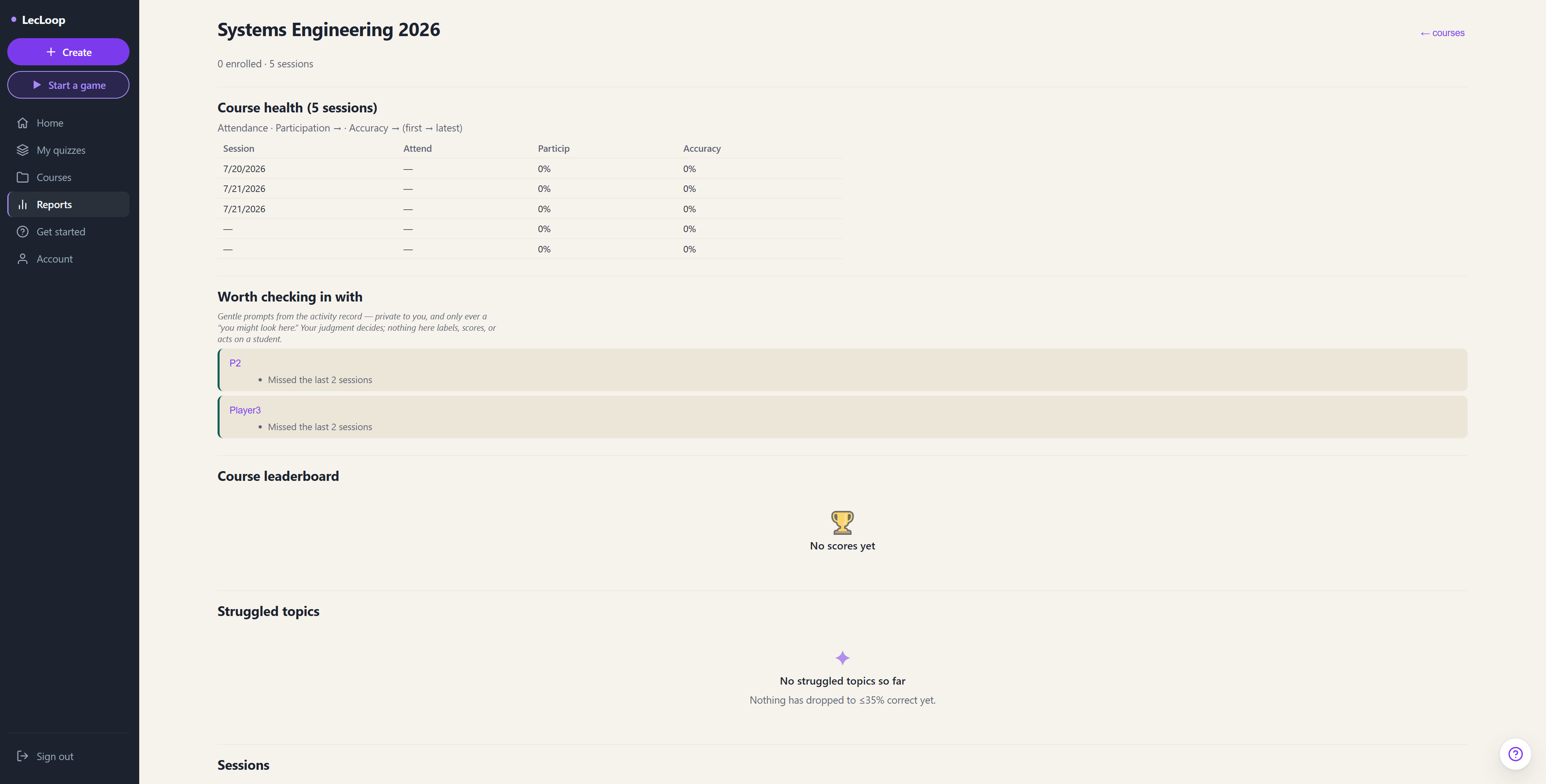 The Reports page after a registered game.
