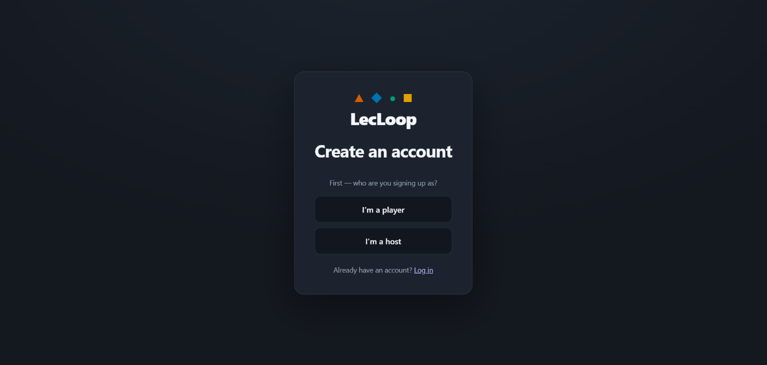 The sign-up screen: choose host or player first, then fill in your details.