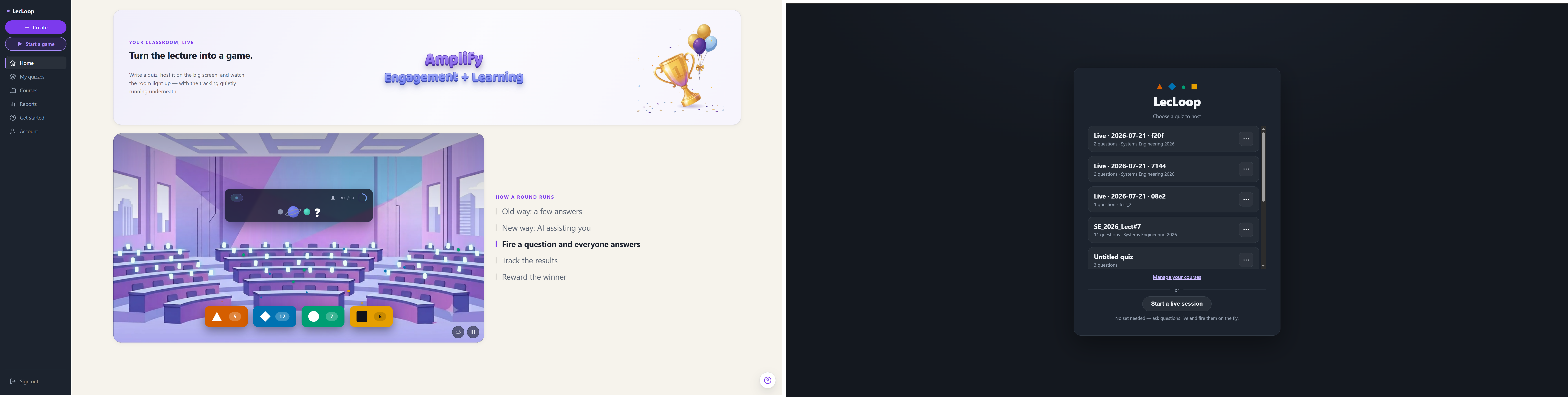 Left: the management app where you build. Right: the live game on the projector.